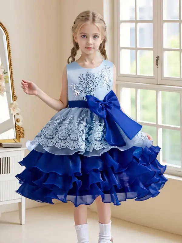 Girl's Floral Appliques Contrast Mesh Bow Decor Tiered Layer Dress, Elegant Sleeveless Round Neck Fit & Flare Dress for Party...