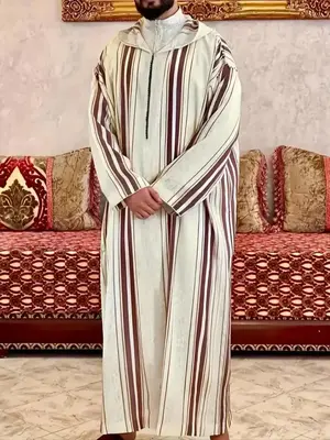 Arab Muslim Moroccan Classic Long Robe, Traditional Ramadan Eid Clothing, Men's Hooded Striped Mixed Color Robe, Perfect Gift