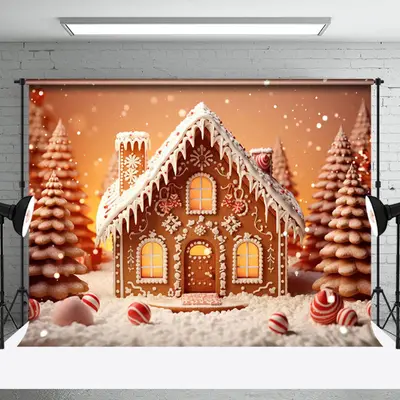 Aperturee Cute Snow Gingerbread House Tree Christmas Backdrop - Aperturee