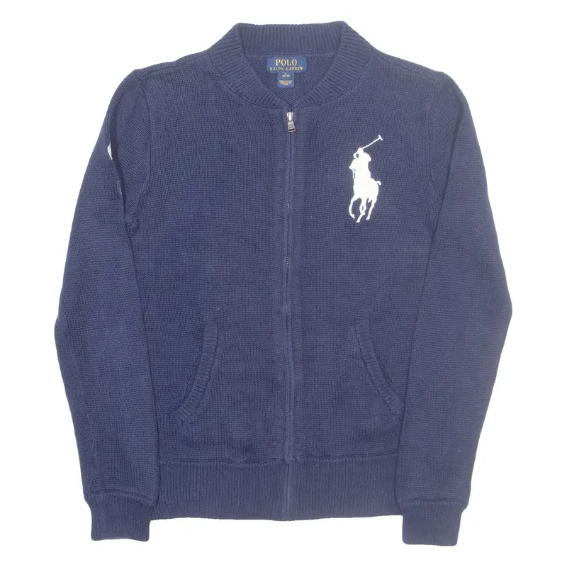 POLO RALPH LAUREN Boys Cardigan Blue High Neck Tight Knit L