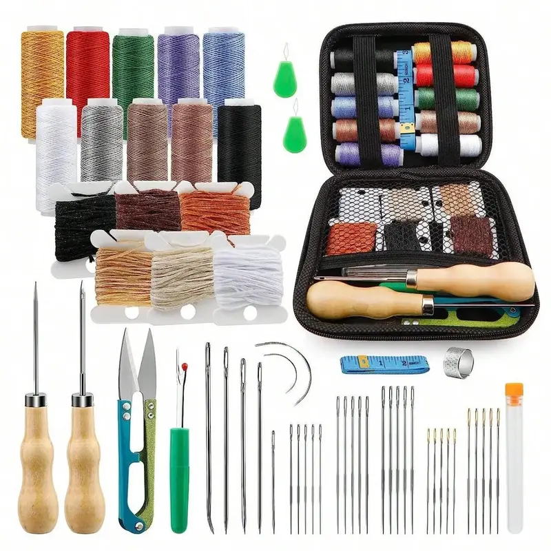 Leather Sewing Tool Set, Leather Work Tool & Supplies with Large Eye Sewing Needle & Wax Thread, DIY Leather Craft Tool Set