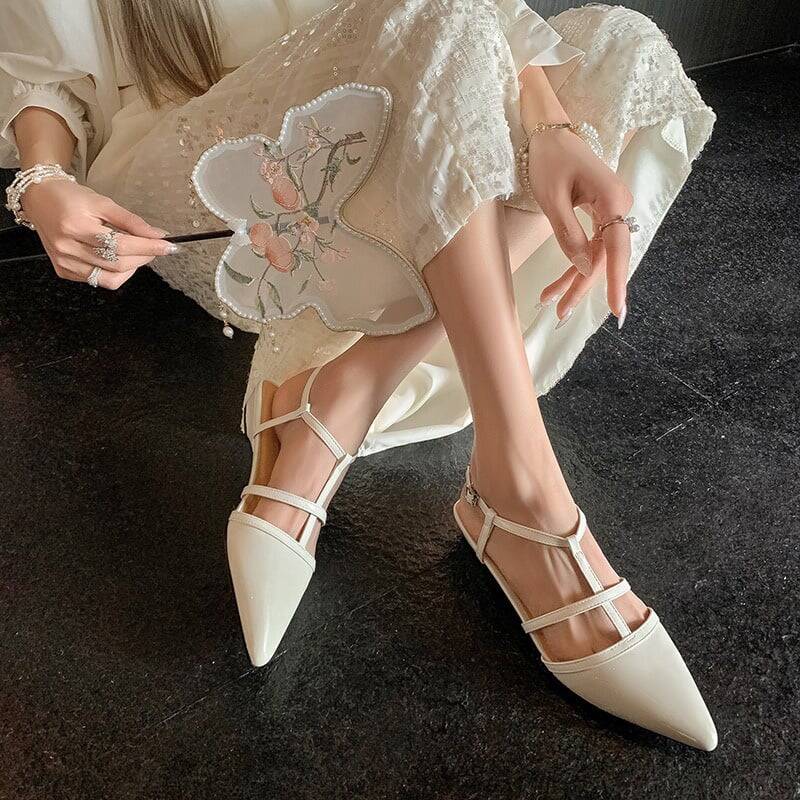 CHIKO Sky Pointy Toe Block Heels T-Strap Shoes