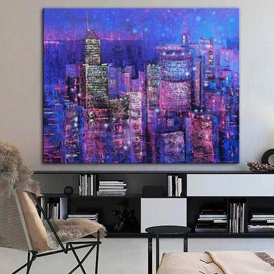 Abstract Purple Paintings On Canvas City Fine Art Original Handmade Painting Support Ukraine Artist | SKYSCRAPERS