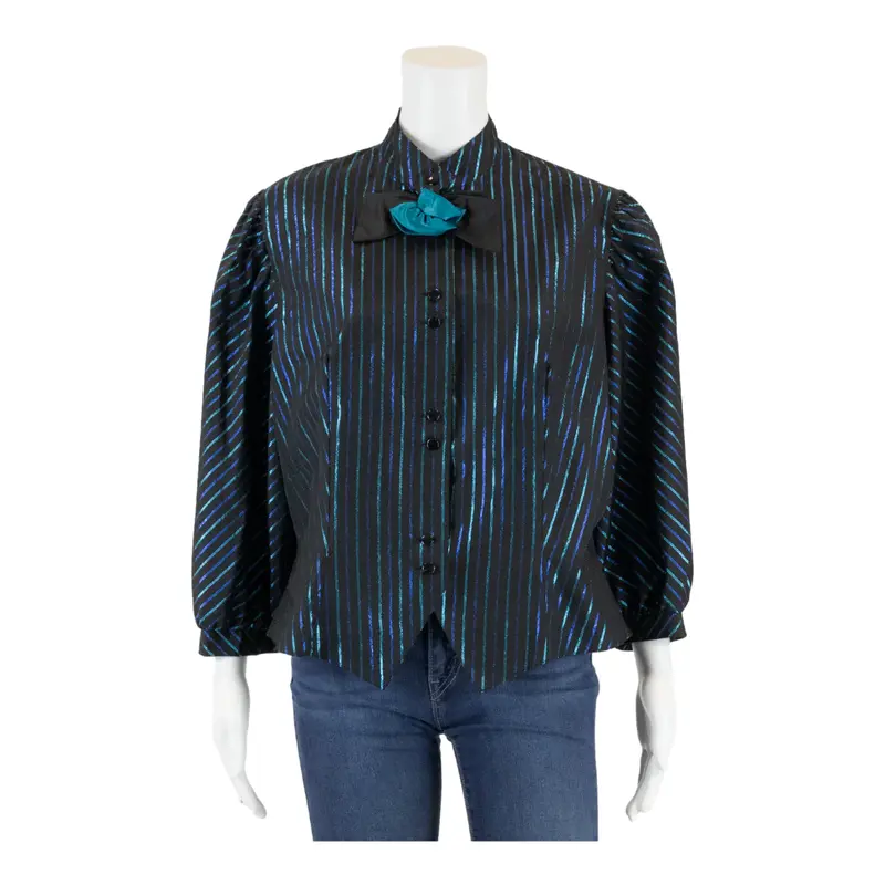 Fitted Blouse Black Collared Striped 3/4 Sleeve Womens M