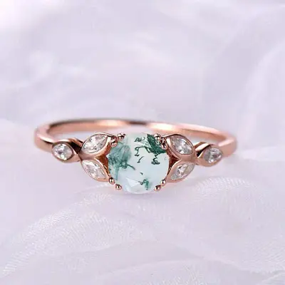 Natural Moss Agate Rose Gold Women Engagement Ring Wedding Bridal ring