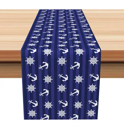 Navy Blue White Rudder Anchor Coastal Table Runner - Aperturee