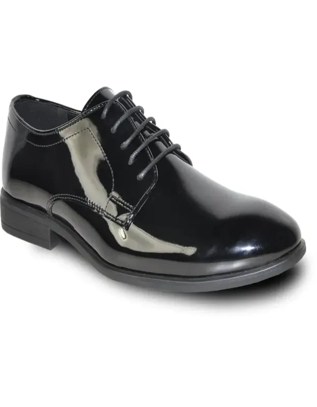 MENS CLASSIC PLAIN TOE SHINY PATENT TUXEDO OXFORD DRESS SHOE IN BLACK