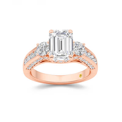 Aarhus Pavé Set Hidden Accent Three Stone Emerald Cut Lab Grown Cathedral Diamond Engagement Ring | 18K Rose Gold 3 1/4 CT. ...