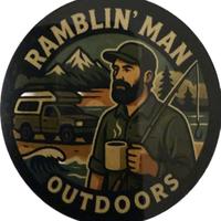 Ramblin' Man Outdoors Sticker - Featuring a Man with a Mug and Camping Scene Design