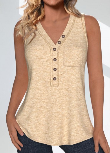 Modlily Light Camel Pocket Sleeveless V Neck Tank Top - M