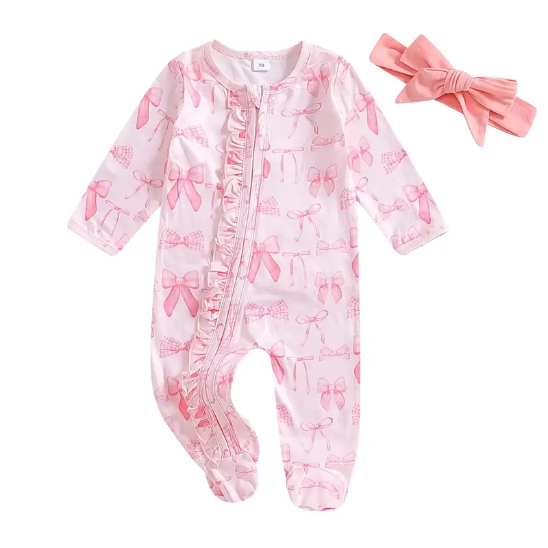 Infant Baby Girl Hospital Sleepers Bow Print Zipper Footed Jumpsuit Fall Winter Ruffle Long Sleeve Romper Pants Onesie Bodysu...