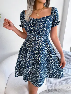 Women's Ditsy Floral Print Puff Sleeve Tie Front Vintage Dress, Chic Fitted Casual Bohemian Summer Clothes Women, Frenchy Sty...