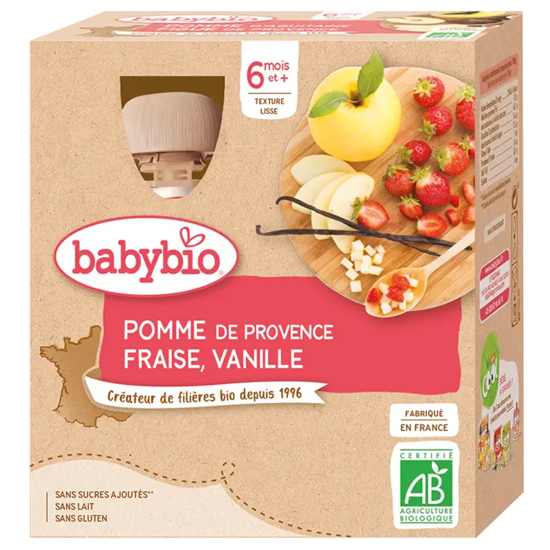 Babybio Fruit Bottles - 6 months and more - Apple, Strawberry, Vanilla - ORGANIC 4x90 g