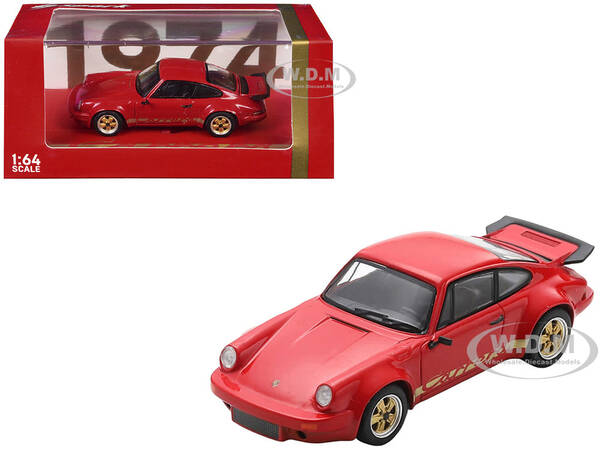 1974 Porsche 911 Carrera RS 3.0 Red with Gold Stripes 1/64 Model Car by Spark