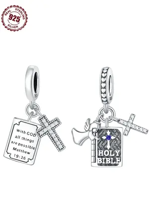 925 Sterling Silver Religious Symbol Charm, 1 Count Cross & Book & Angel Design Pendant for DIY Bracelet & Necklace, Fashion ...