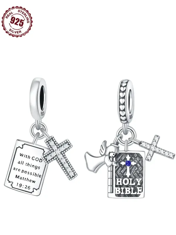 925 Sterling Silver Religious Symbol Charm, 1 Count Cross & Book & Angel Design Pendant for DIY Bracelet & Necklace, Fashion ...