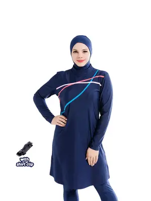 Three-piece Set Women's Striped Print Long Sleeve Islamic Swimwear Set, Modest Casual Mock Neck Swim Top & Elastic Waist Swim...