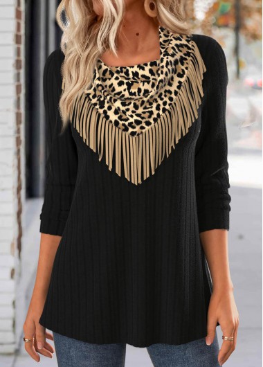 Modlily Black Tassel Leopard Long Sleeve T Shirt - L