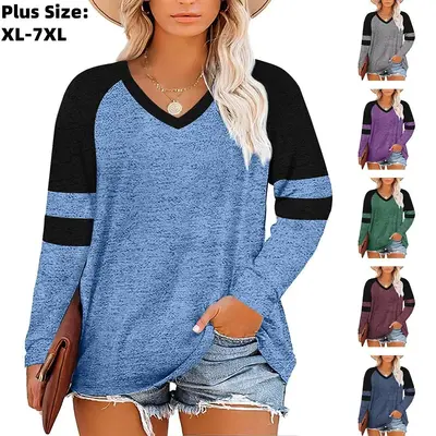【1XL-7XL】Plus Size Curve imily bela curve Women's Plus Size Tops Striped Long Sleeve V neck T Shirts Color Block Casual T...