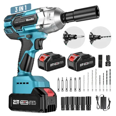SEESII Cordless Impact Wrench 3-in-1, 1/2'' Brushless Impact Wrench High Torque 3300RPM, 2x 4.0 Ah Batteries, 6 Sockets, 8 Dr...