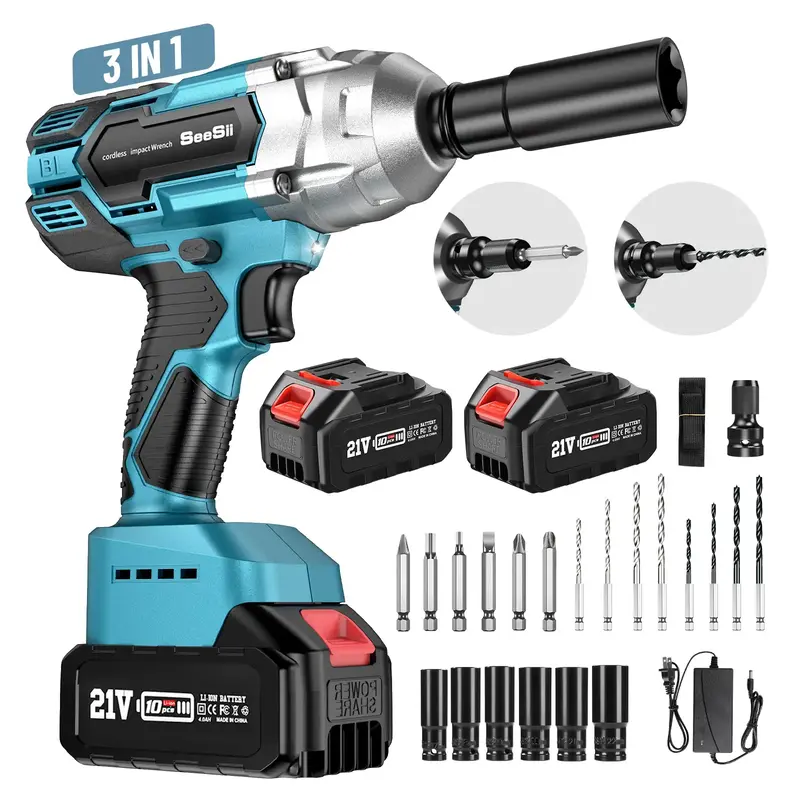 SEESII Cordless Impact Wrench 3-in-1, 1/2'' Brushless Impact Wrench High Torque 3300RPM, 2x 4.0 Ah Batteries, 6 Sockets, 8 Dr...