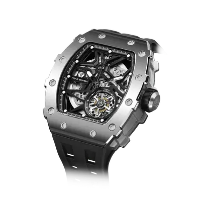 TSAR BOMBA Men's Automatic Watch | Silver Black | Elemental TB8209A | 10ATM Waterproof | Japanese Mechanical Skeleton Movemen...