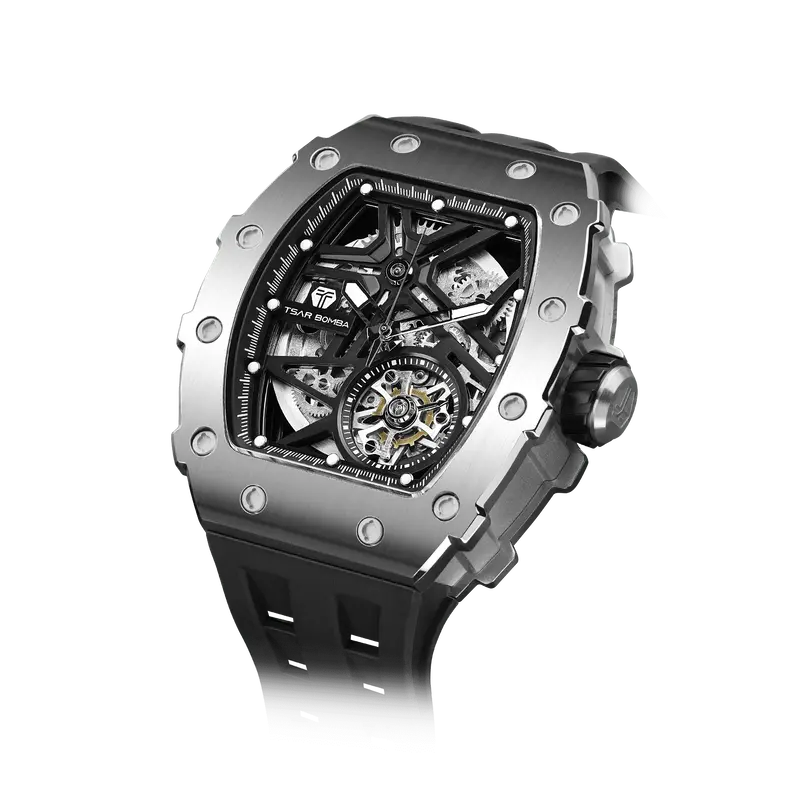 TSAR BOMBA Men's Automatic Watch | Silver Black | Elemental TB8209A | 10ATM Waterproof | Japanese Mechanical Skeleton Movemen...