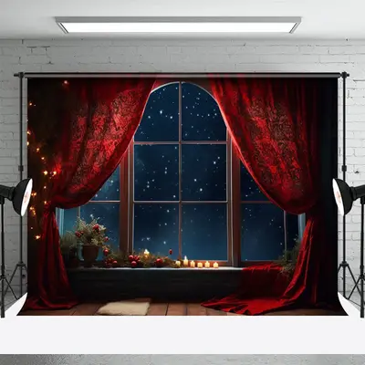 Red Curtain Candle Christmas Night Portrait Backdrop - Aperturee