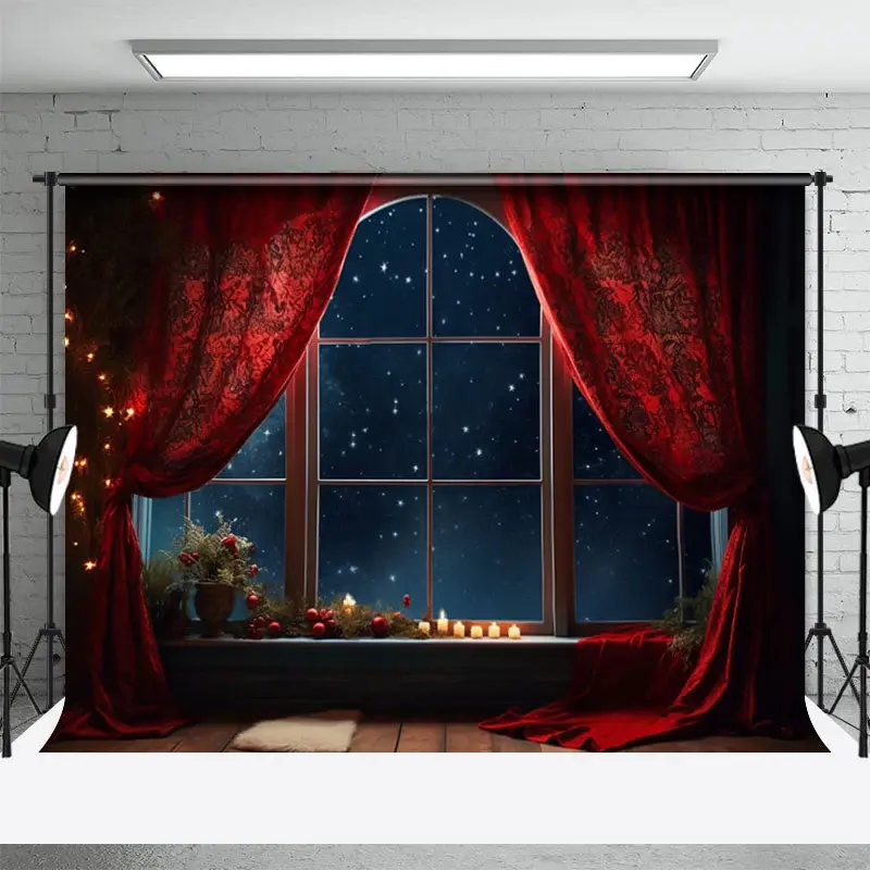 Red Curtain Candle Christmas Night Portrait Backdrop - Aperturee