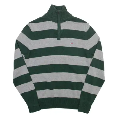 TOMMY HILFIGER Mens Patterned Jumper Green Striped 1/4 Zip Tight Knit XS