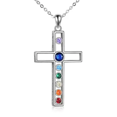 Sterling Silver Circular Shaped Cubic Zirconia Cross Pendant Necklace