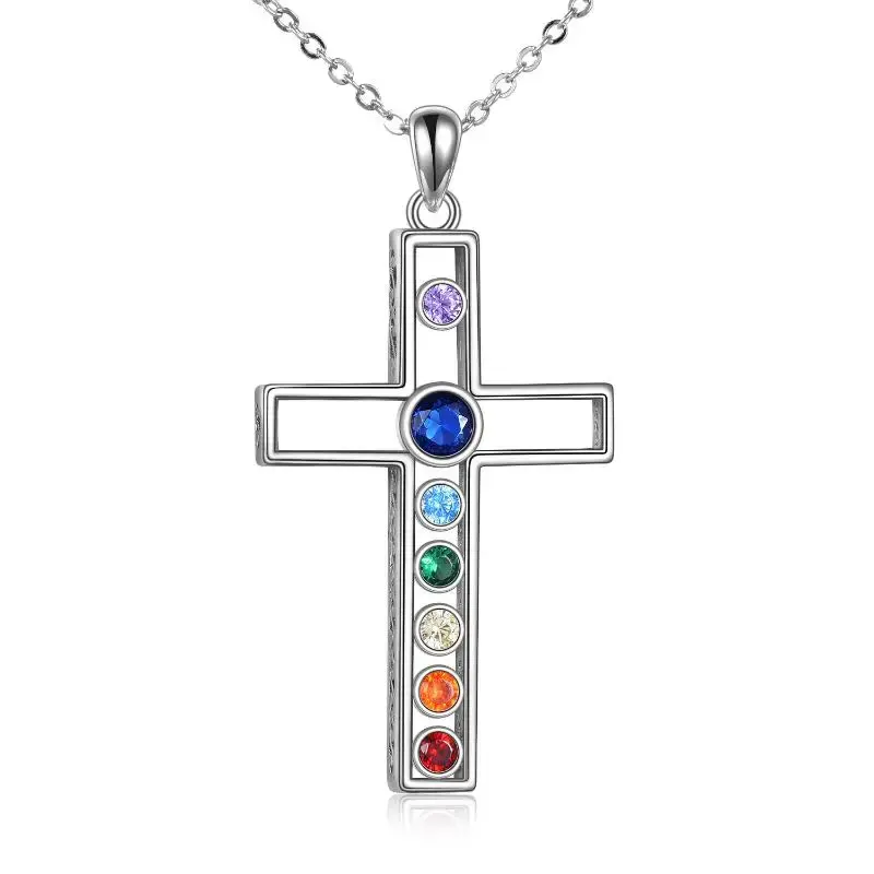 Sterling Silver Circular Shaped Cubic Zirconia Cross Pendant Necklace