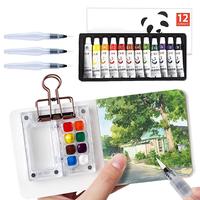 MUZMDNI Mini Portable Watercolor Palette Set, Grid Paint Box with Binder Clips Include Paint, Brush*3 and Picture Album Art M...