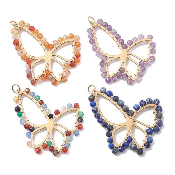 4Pcs Natural Mixed Gemstone Faceted Round Beaded Pendants