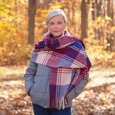 Fluffy Plaid Tassel Trim Scarf - Pink