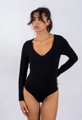 Organic Cotton Long-Sleeve Sweetheart Bodysuit, Black | Size: S