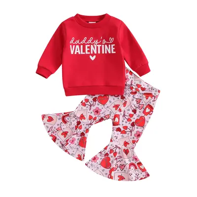 Valentine's Day Toddler Baby Girl Outfit Daddy's Valentine Sweatshirt Tops Heart Bell Bottom Pants Clothes Set