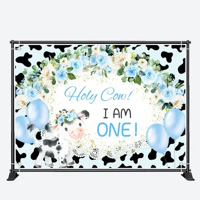 Holy Cow Blue Floral Balloon 1st Birthday Backdrop - Aperturee