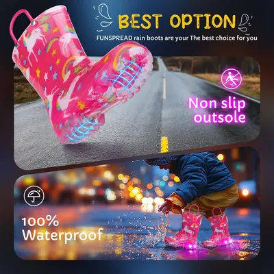 Funspread Easter Rain Boots for Girls - Light Up Rain Boots for Toddlers & Kids, Waterproof, Non-Slip Sole, Handles, Little &...