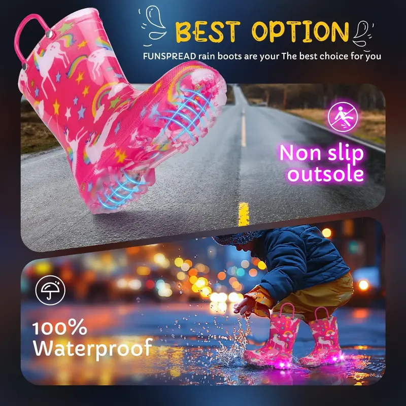 Funspread Easter Rain Boots for Girls - Light Up Rain Boots for Toddlers & Kids, Waterproof, Non-Slip Sole, Handles, Little &...