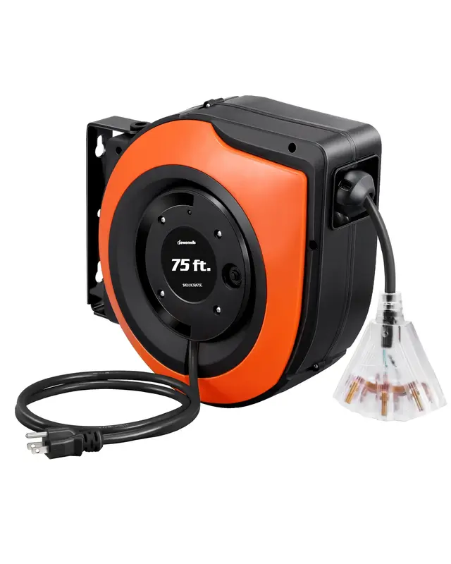 DEWENWILS Retractable Extension Cord Reel, 75 FT Heavy Duty Power Cord, 14/3C SJTOW, Lighted Triple Tap Outlets, 10A Circuit ...