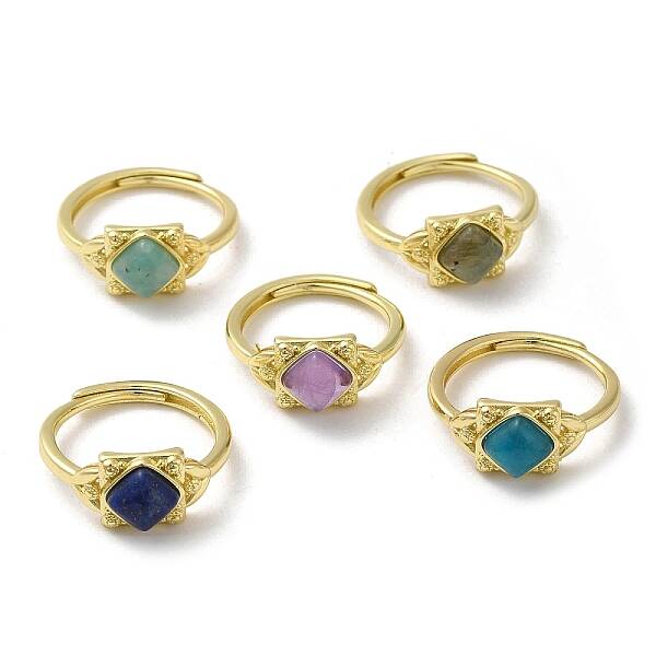 Adjustable Natural Mixed Gemstone Rhombus Finger Rings