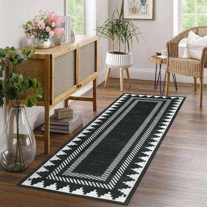 Garvee Modern Geometric Runner Rug 2x6 Washable Hallway Runner Rugs Black Unique Bordered Neutral Accent Rug Non Slip, Non Sh...
