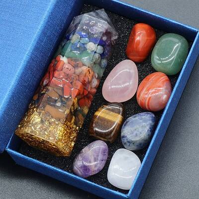Tumbled Stone & Hexagonal Prism Mixed Natural Gemstone Ornaments Set
