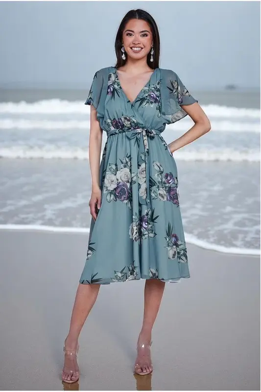 Goddiva Floral Printed Flutter Sleeve Chiffon Midi Dress - Airforce Blue