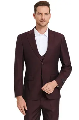 Sharkskin Suit Men's - Burgundy Windowpane Plaid, Two Button Vested Peak Lapel