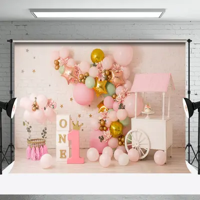 Pink Brick Wall Balloon Birthday Cake Smash Backdrop
