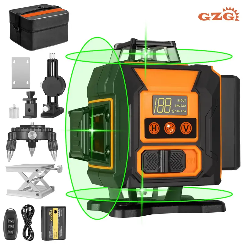 GZG 16 Lines Green Beam Self Leveling Tool, 1 Count 4D Cross Professional Line Laser Tool, Multi-application Measuring Tools