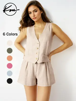 Two-Piece Set Women's Plain Two-Piece Outfit, Fashion V Neck Button Front Vest & Pocket Shorts Set, Two Piece Set Women, Ca...