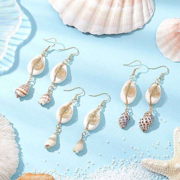3Pairs Brass & Shell Dangle Earrings